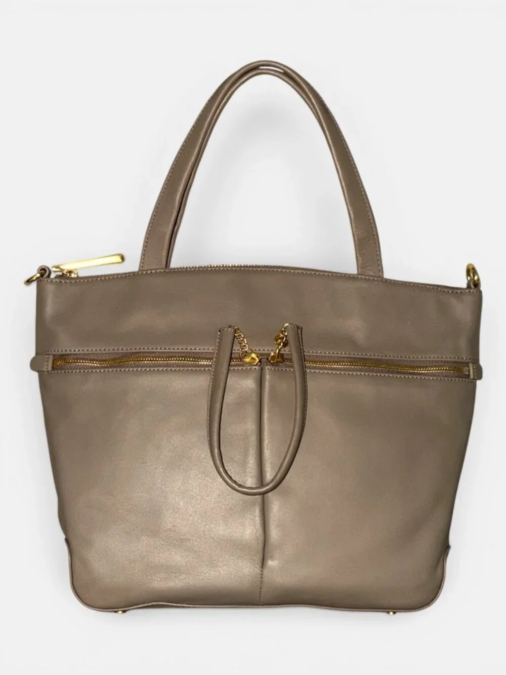 HOBO Double Zip Satchel Taupe Matte Leather Brass Shoulder Bag Detachable Strap